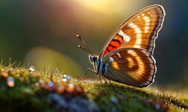 A butterfly sits on green grass covered in places with racemes