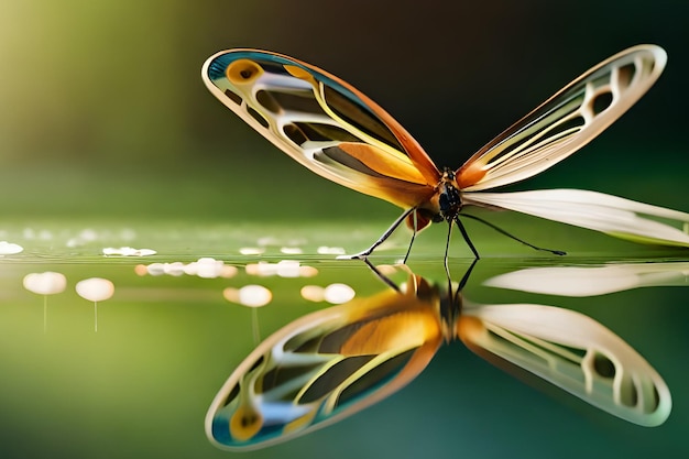 A butterfly sits on a green surface with the word butterfly on it.