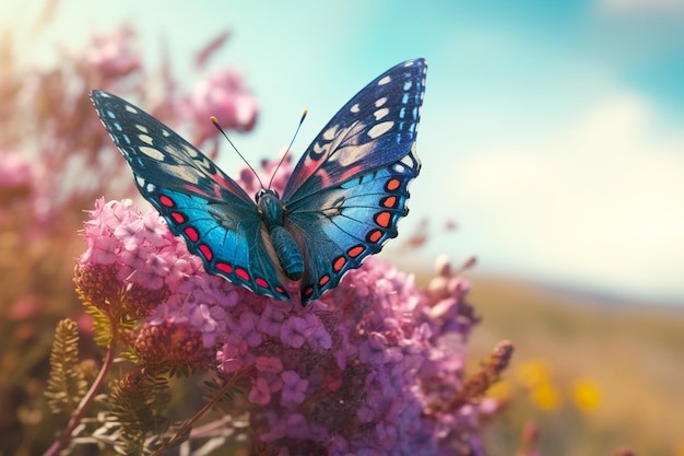 A butterfly sits on a pink flower with the word butterfly on it.