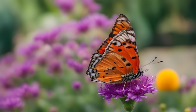 a butterfly sits on a purple flower in the grass