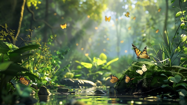 a butterfly sits on a rock in the water with butterflies in the background