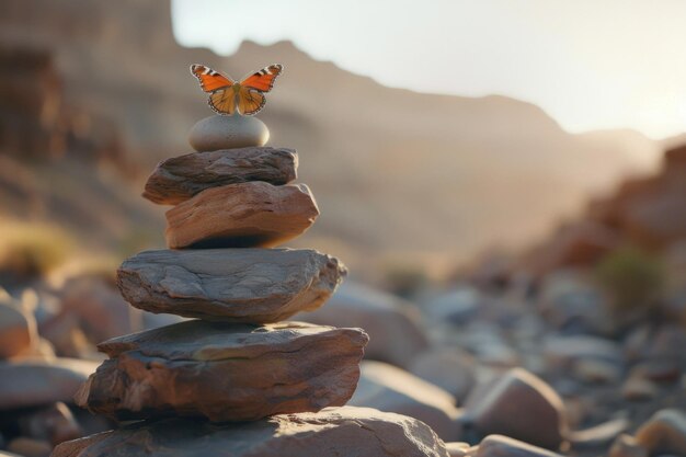 Photo a butterfly sits on top of a stack of rocks