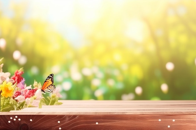 A butterfly sits on a wooden table with a flower on it