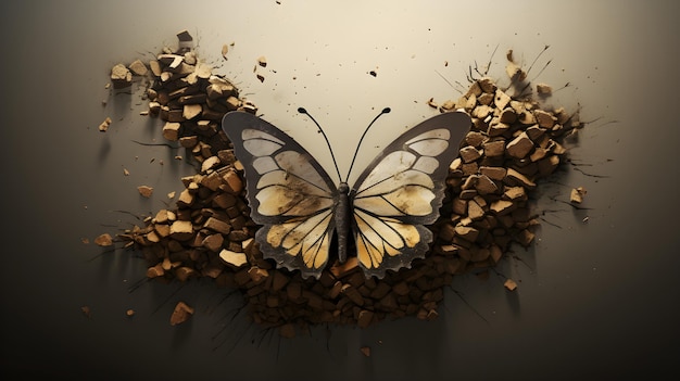 Butterfly sitting on the destroyed ground with crack Orange Rocks Destroy Scatter Cracks major