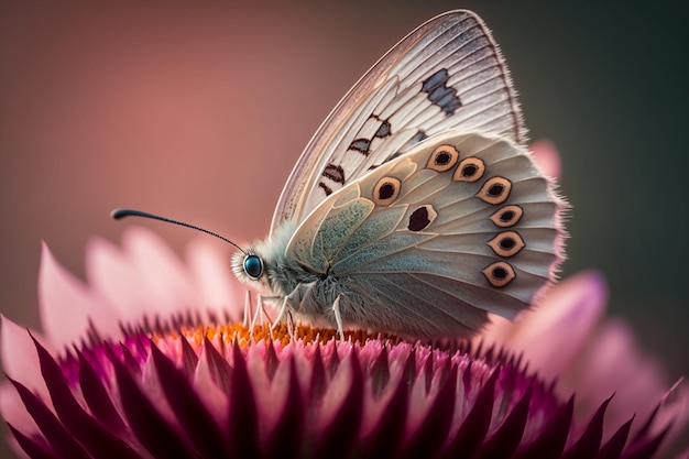 a butterfly sitting on top of a pink flower a macro