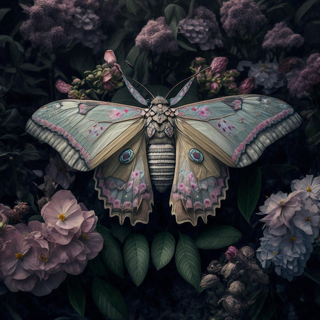 A butterfly that is on a flower with a pink background