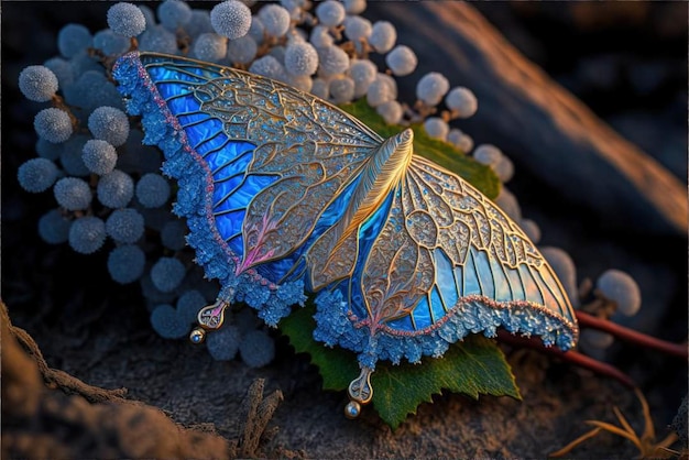 A butterfly that is laying on some leaves