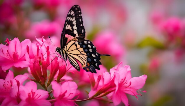 a butterfly that is outside with pink flowers