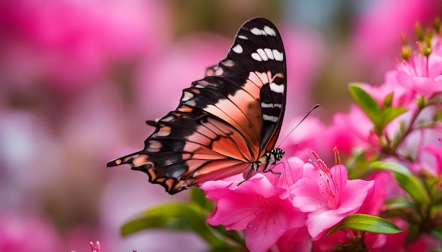 a butterfly that is outside with pink flowers