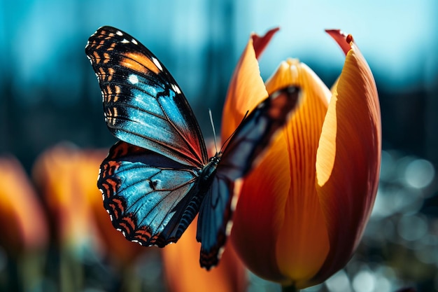 A butterfly on a tulip with the sun shining on it.