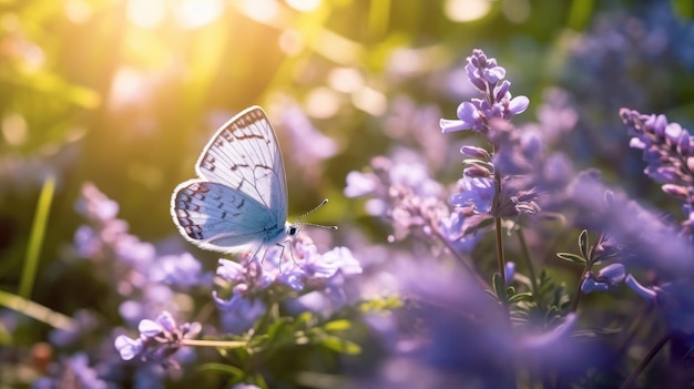 Butterfly on violet lavender flowers Generative AI