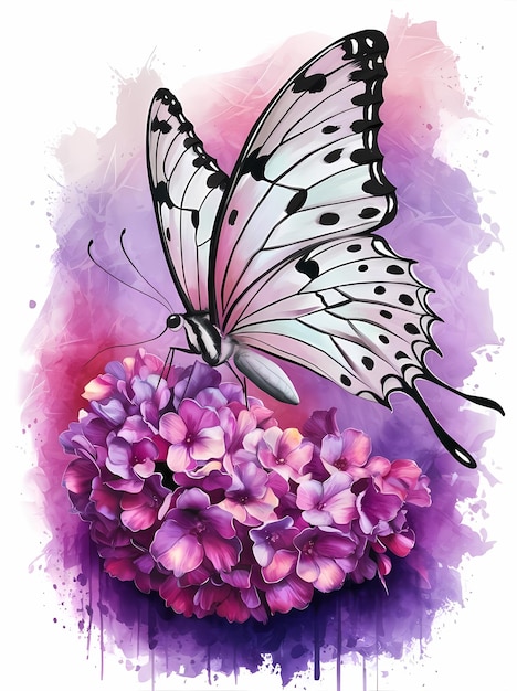 Butterfly watercolor painting of a pink flower with a butterfly on it