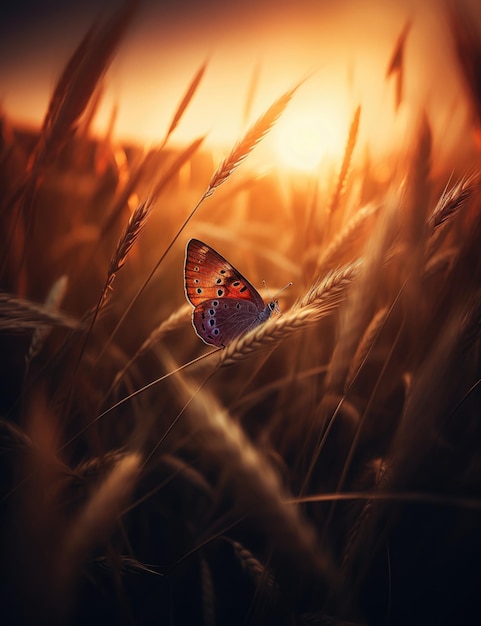 A butterfly in a wheat field with the sun behind it