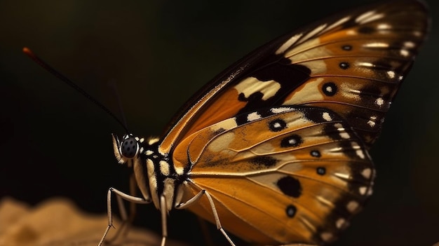 A butterfly with black and orange wings is on a piece of wood.