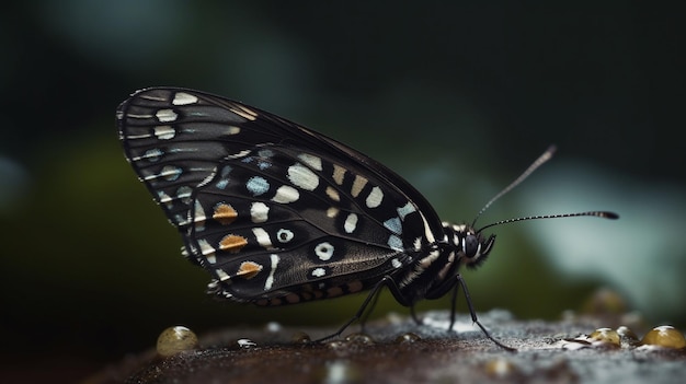 Photo a butterfly with black wings and white, blue, and yellow markings on its wings is sitting on a wet log.