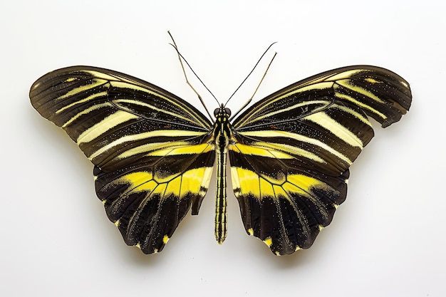 A butterfly with black and yellow stripes is on a white background