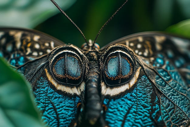 Photo a butterfly with blue eyes and a black nose sits on a leaf