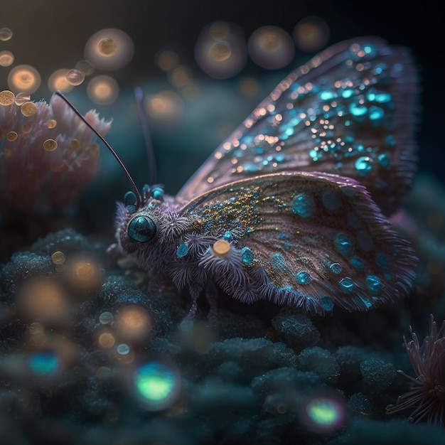 A butterfly with blue and gold dots sits on a mossy surface.