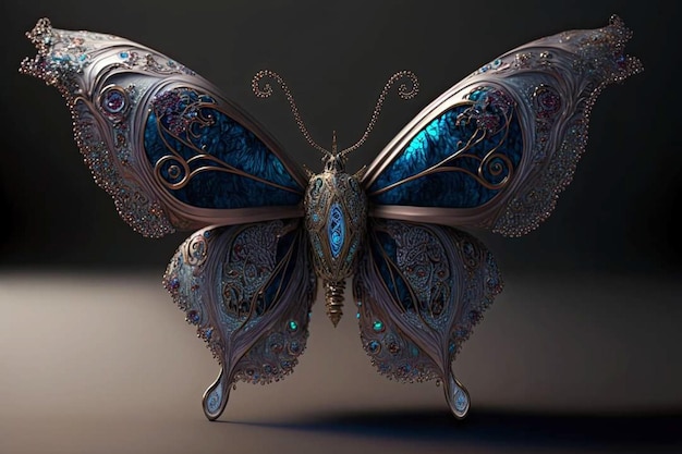 A butterfly with blue and gold wings and the word butterfly on it.