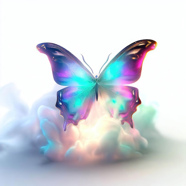 A butterfly with a blue and green wings is in the air.