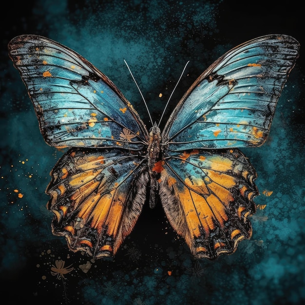 A butterfly with a blue and orange wings is on a black background.