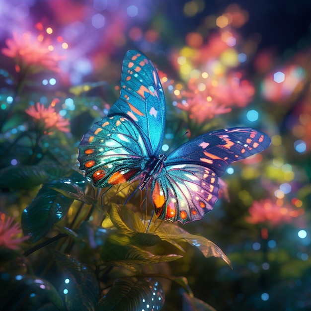 A butterfly with blue and orange wings is in the grass.