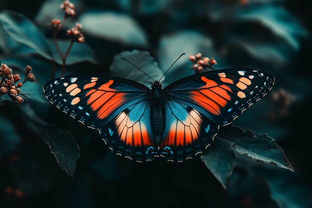 a butterfly with a blue and orange wings sits on a flower