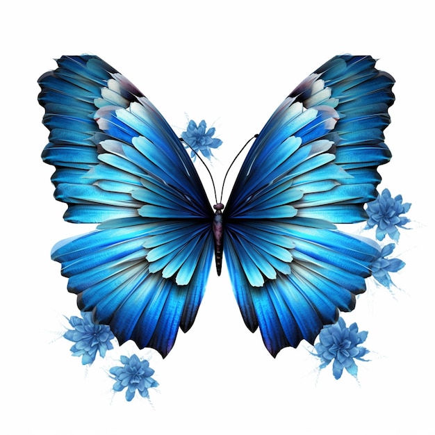 Butterfly with blue wings and flowers on white background generative ai