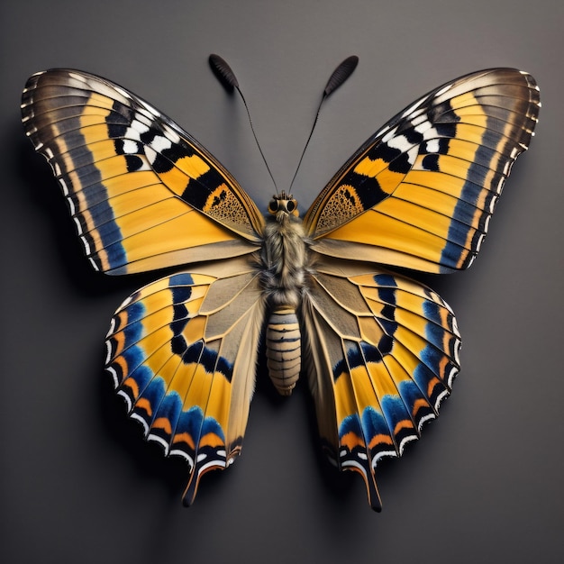 A butterfly with blue and yellow stripes is displayed on a gray background.