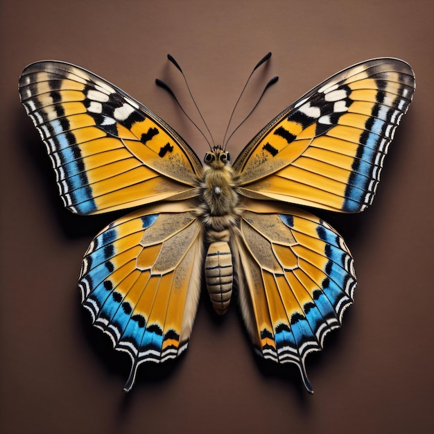 A butterfly with blue and yellow wings is displayed on a brown background.