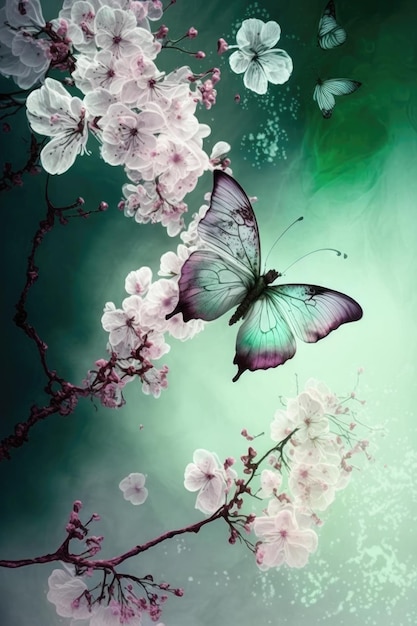 Butterfly with Cherry Blossoms on Soft Fairy Mist Background Spring Theme