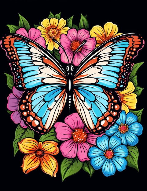 Butterfly with colorful flowers on black background generative ai