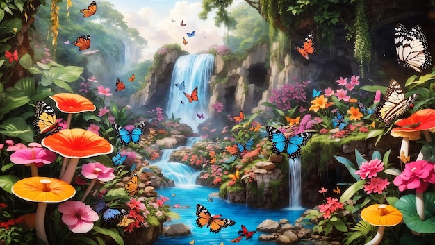 Butterfly with colorful flowers and waterfall mushroom in forest design wallpaper generated by AI