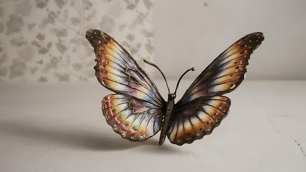 a butterfly with colorful wings is shown on a white surface