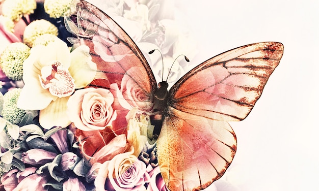 Butterfly with flowers  effect of double exposure photo