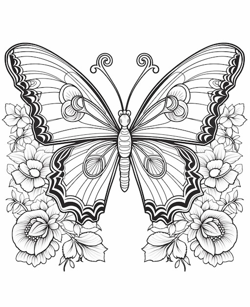 A butterfly with flowers and leaves on it coloring pages generative ai