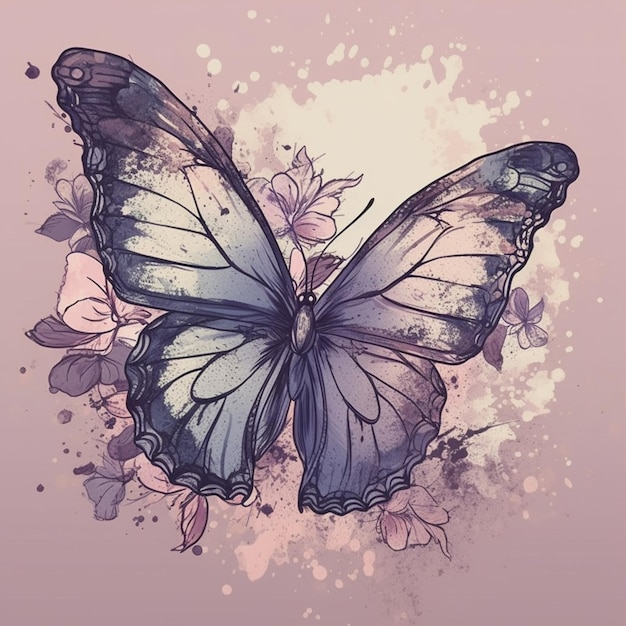 Butterfly with flowers and leaves on a pink background generative ai