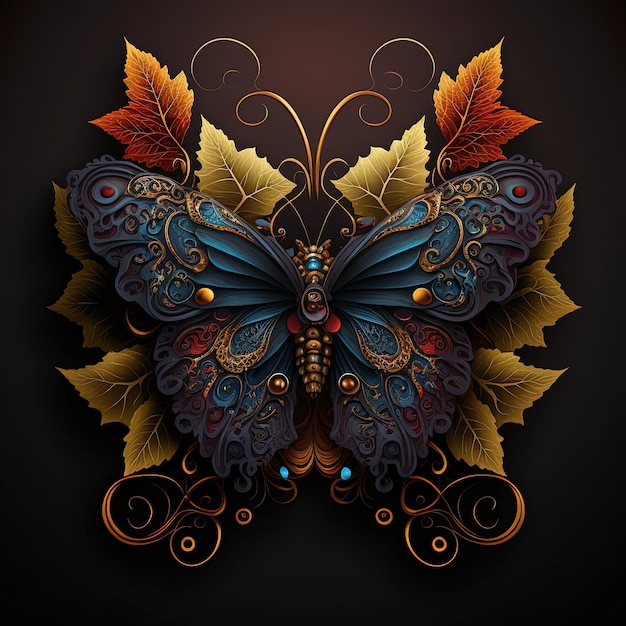 A butterfly with a gold leaf on it is on a dark background.