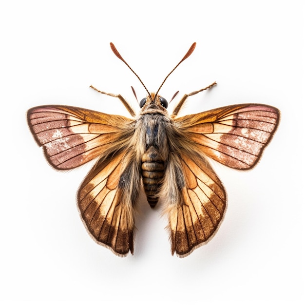 A butterfly with gold wings and a brown and gold wings is on a white background.