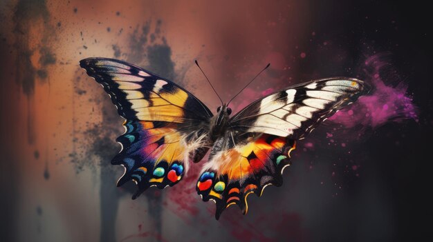 A butterfly with many colors is flying in the air.