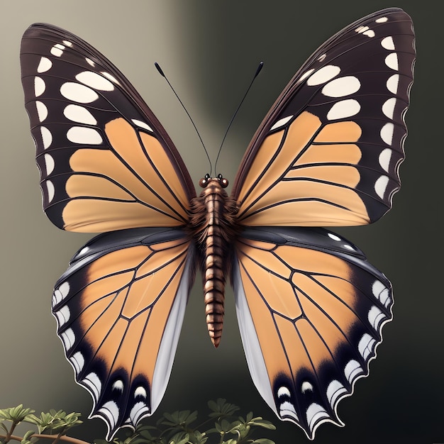 A butterfly with orange and black markings is on a black background.