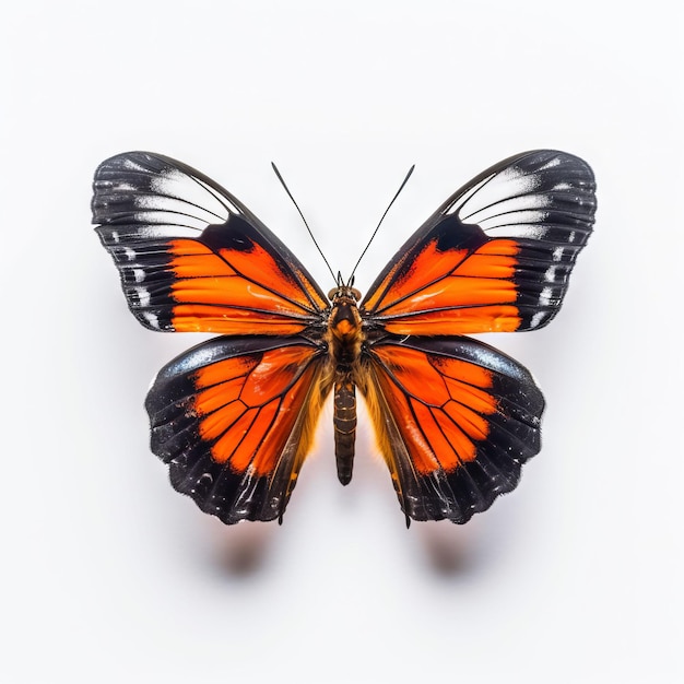 A butterfly with orange and black wings is on a white background.