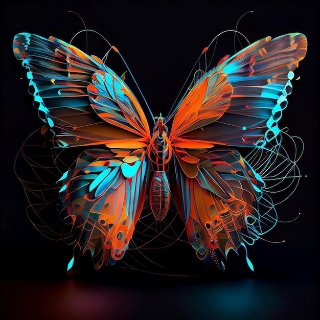 A butterfly with orange and blue colors is in a black background.