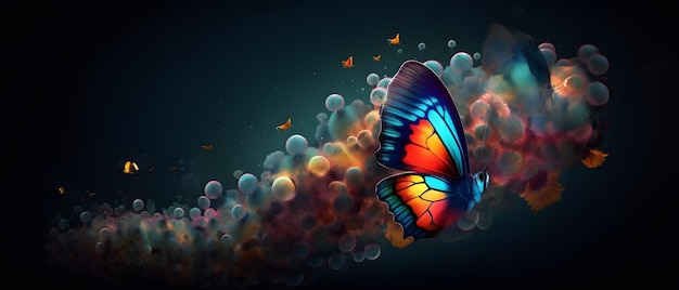 A butterfly with orange and blue wings is flying in the air.