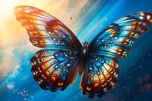 A butterfly with orange and blue wings is flying in the sky.