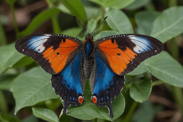 A butterfly with orange and blue on the wings is shown