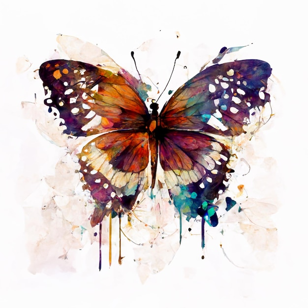 A butterfly with orange and purple wings is painted on a white background.