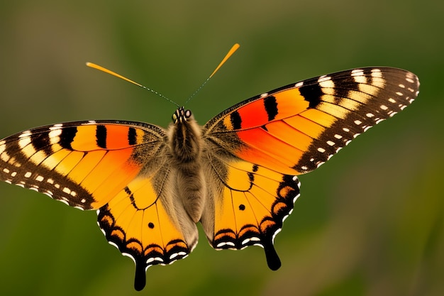 A butterfly with orange wings and black stripes on the wings is flying in the air.