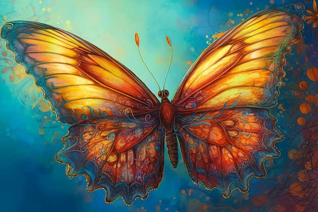 A butterfly with orange wings and yellow wings is on a blue background.