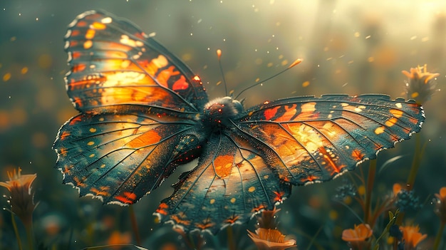 a butterfly with orange and yellow wings is shown in this image